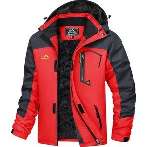 Men's Red Water Resistant Fleece Windproof Warm Jacket With Multi-Pockets